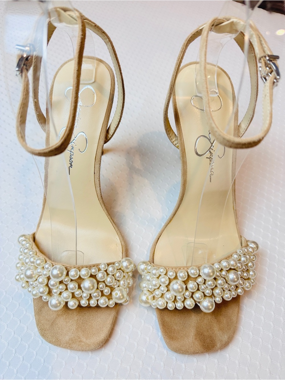 Jessica Simpson Omilira Pearl Embellished Stiletto Sandals in Nude Suede 8